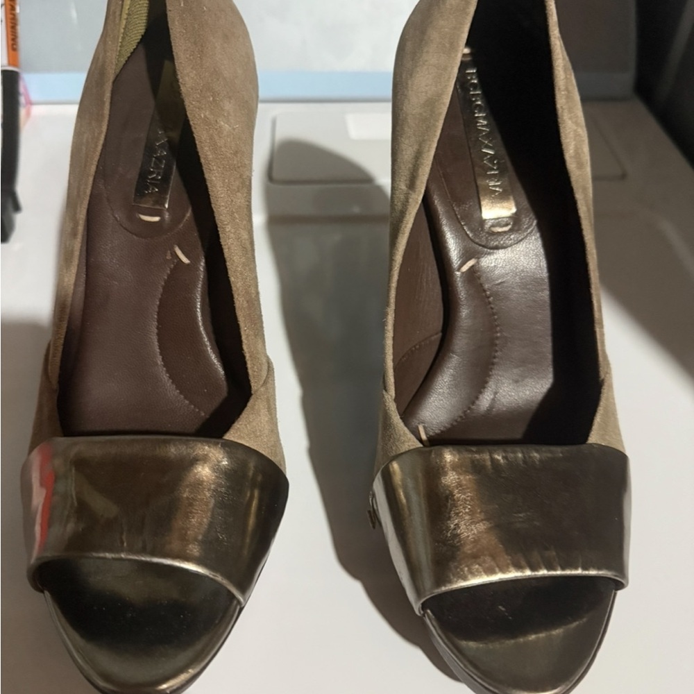 Bcgb maxxaria Bronze and Tan Peep-Toe Heels, wore once ,they are narrow on toes.